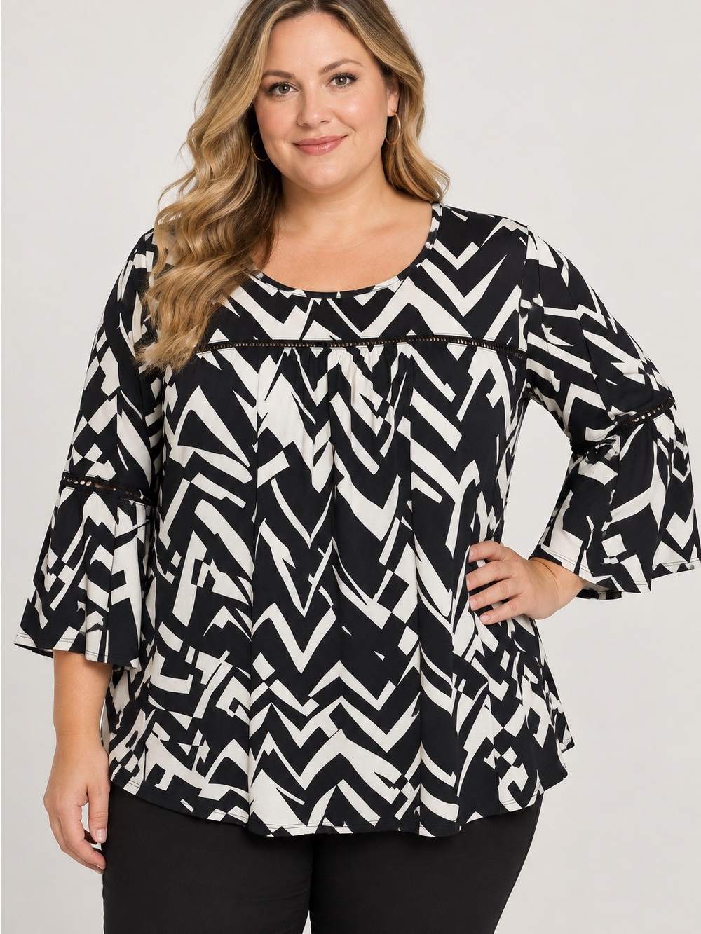 NY Collection Woman Black White Geometric Print Boho Blouse Top Size 1X